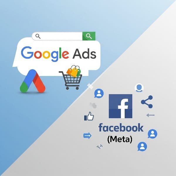 Featured image for a guide on Google Ads vs Facebook Ads, showing the two platforms' logos in a competitive design to represent the choice advertisers face.
