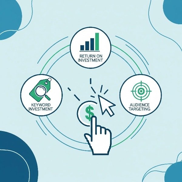 A modern illustration representing the Google Ads pay per click model, showing a mouse cursor clicking a dollar sign, surrounded by icons for keywords, ROI, and audience targeting.